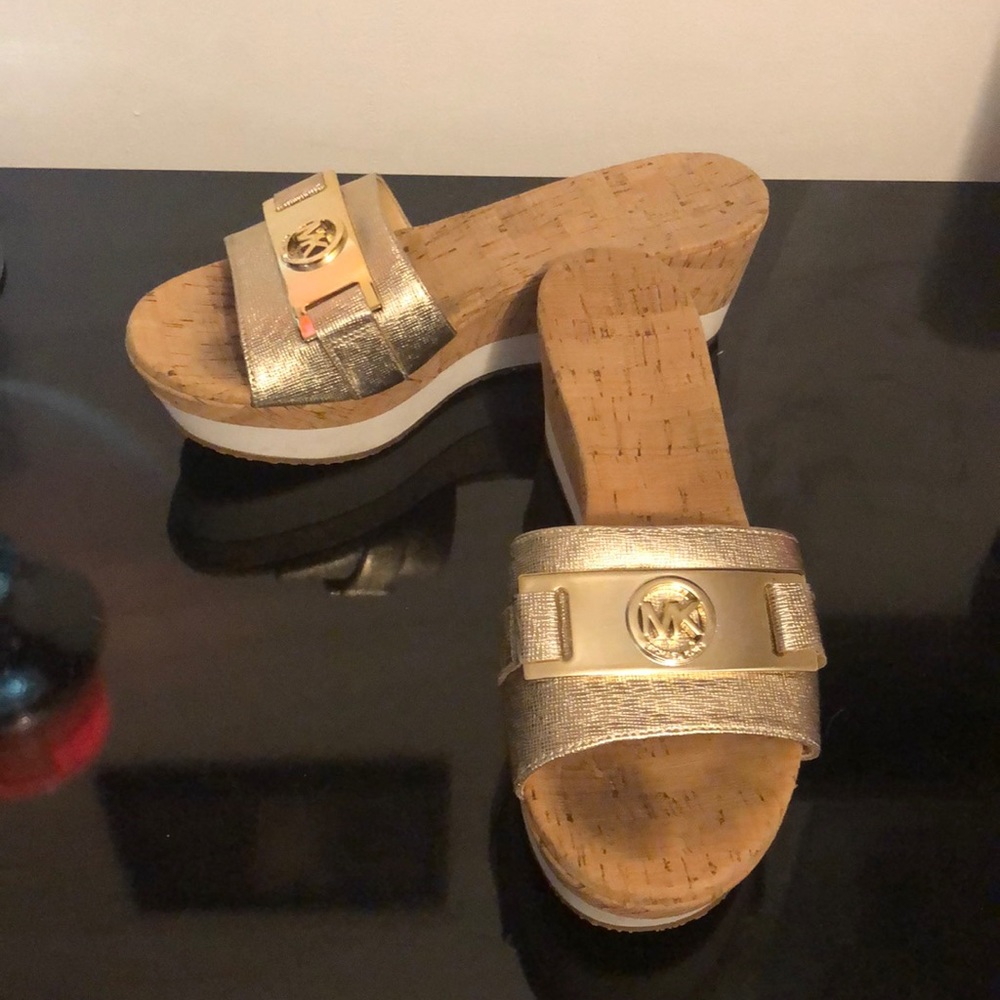 Michael Kors gold, white, and tan sandals